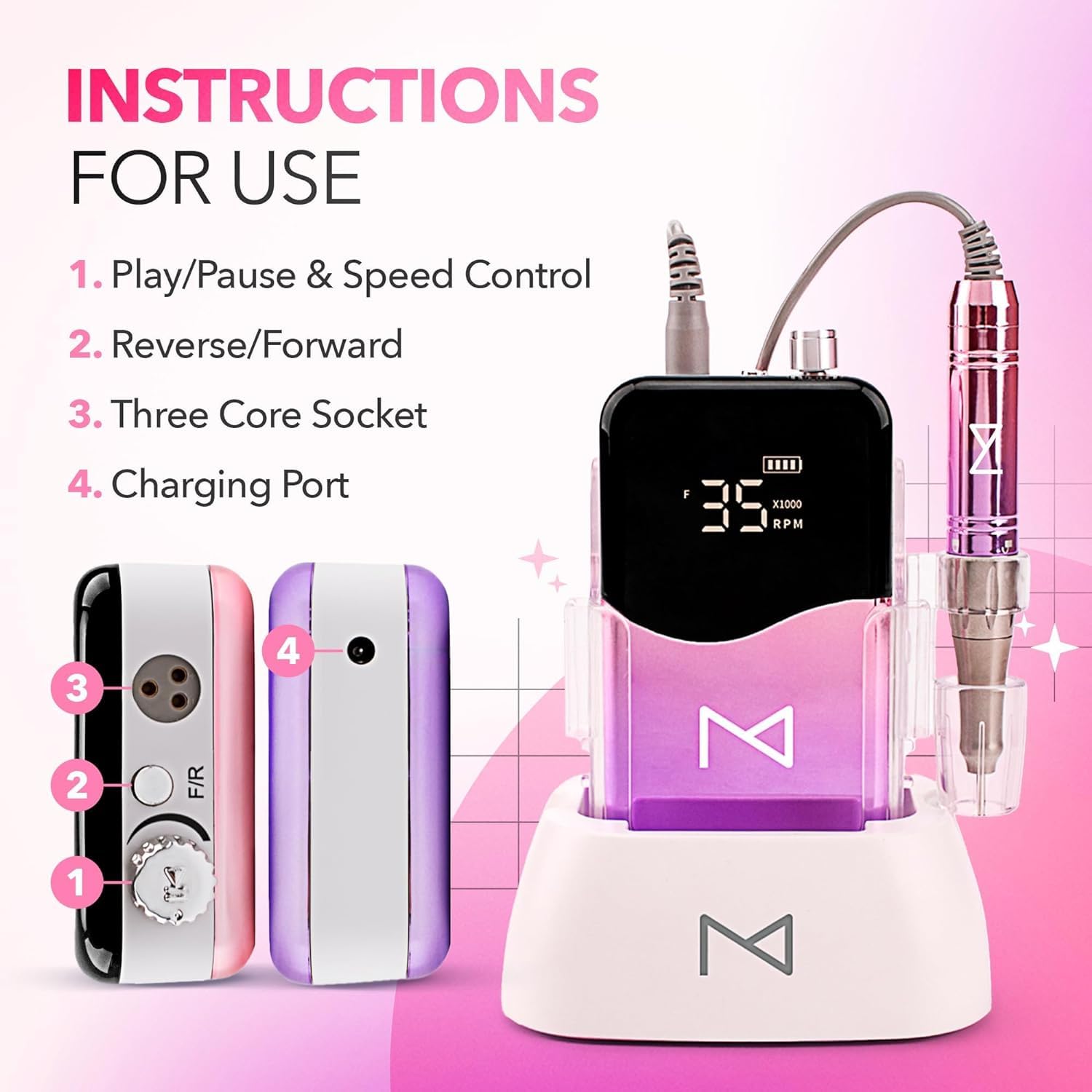 M Mase- Professional Nail Drill Machine - Coreless 2-in-1 Nail File - Electric, Cordless, 35000 RPM, HD Display - Electric Nail Drill for Professional & Home Use (Black)