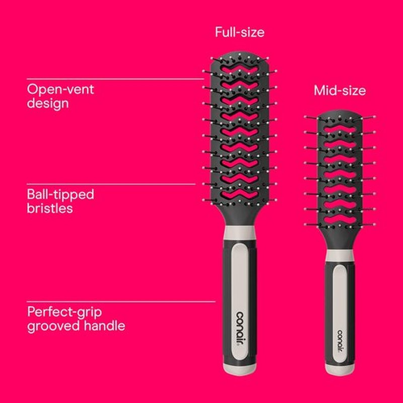 Conair Grip & Lift Vent Hairbrush Set - Full-Size & Mid-Size Nylon Bristle Brushes for Blowout Styling