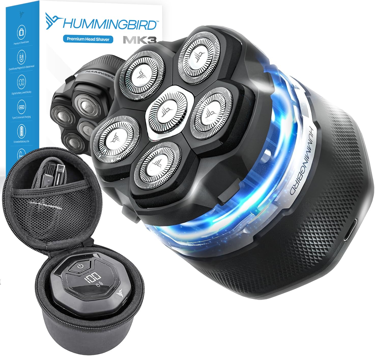 HUMMINGBIRD MK3 Head Shaver for Bald Men - Wet/Dry Electric Rotary Razor, Waterproof, Cordless USB-C Rechargeable Skull Shaver with Case