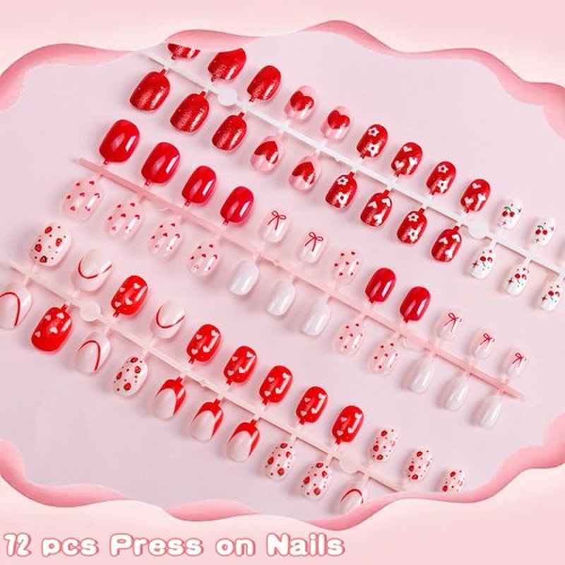 SIUSIO 3Pack Children Acrylic Fake Nails, 72pcs Press on Full Cover Glitter Short Red Heart False Nail Art Kits Set with Sticker Tabs Nail Glue for Kids Little Girls Christmas Gifts - Blossom Sweetie