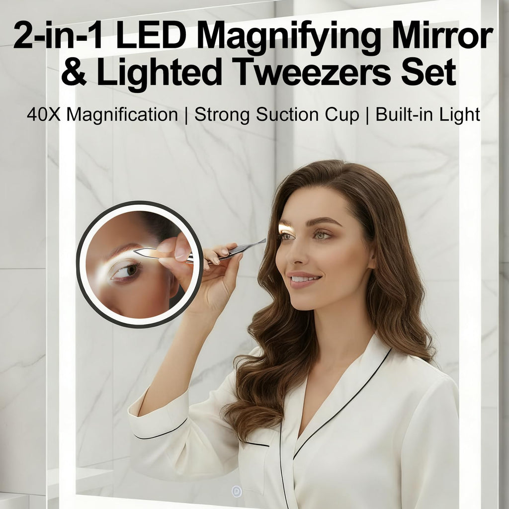 Ceoighe LED Lighted Tweezers & 40X Magnifying Mirror with Suction Cup Set, 2 in 1 Hands-Free Makeup Mirror with Light and Precision Light Up Tweezers