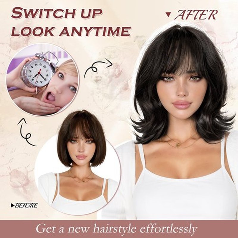FESHFEN Shoulder Length Bob Wigs with Bangs for Women - Dark Brown Natural Layered Wavy Synthetic Wig For Daily Party Costume Use 14 Inch