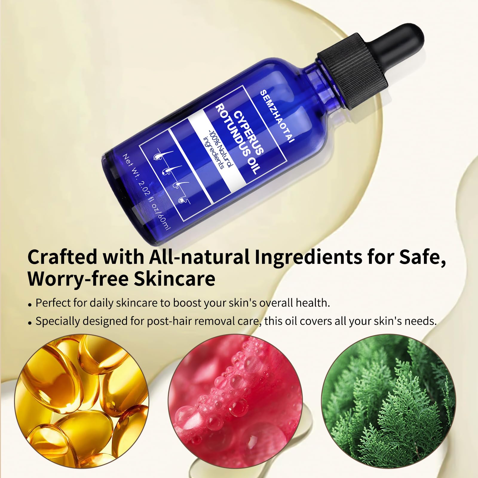 Cyperus Rotundus Oil - Natural Nut Grass Oil for Hair Removal, Reducing Body Hair Growth, Smooth Skin & Moisturizing, Soothing & Gentle, Ideal for All Skin Types (1pc, 60ml)