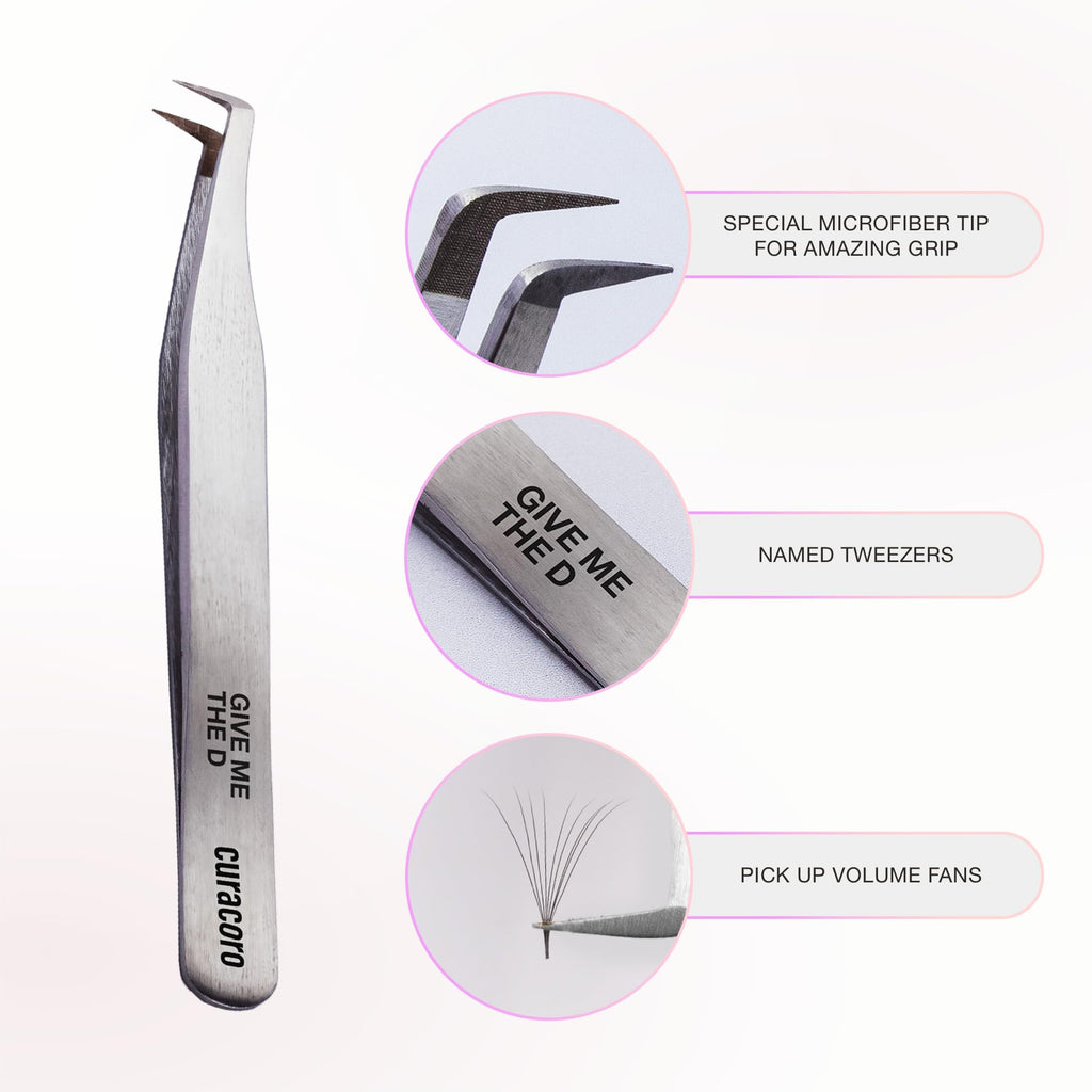 Curacoro Lash Tweezers, Fiber Tip Grip (Silver, Give Me the D)