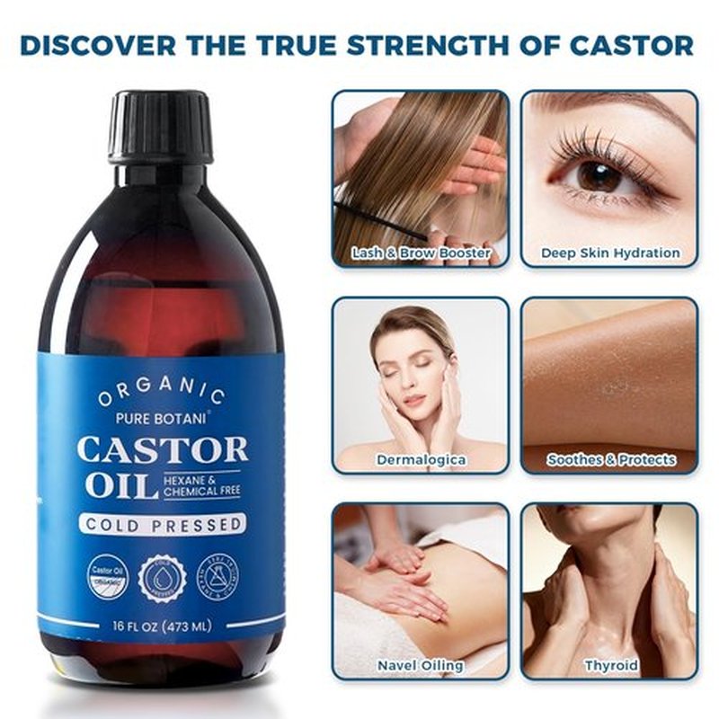 Castor Oil Organic Cold Pressed,100% Pure Hexane Free, Unrefined Natural Oil for Hair Growth, Eyelashes, Eyebrows, Skin & Body Moisturizing,16Oz