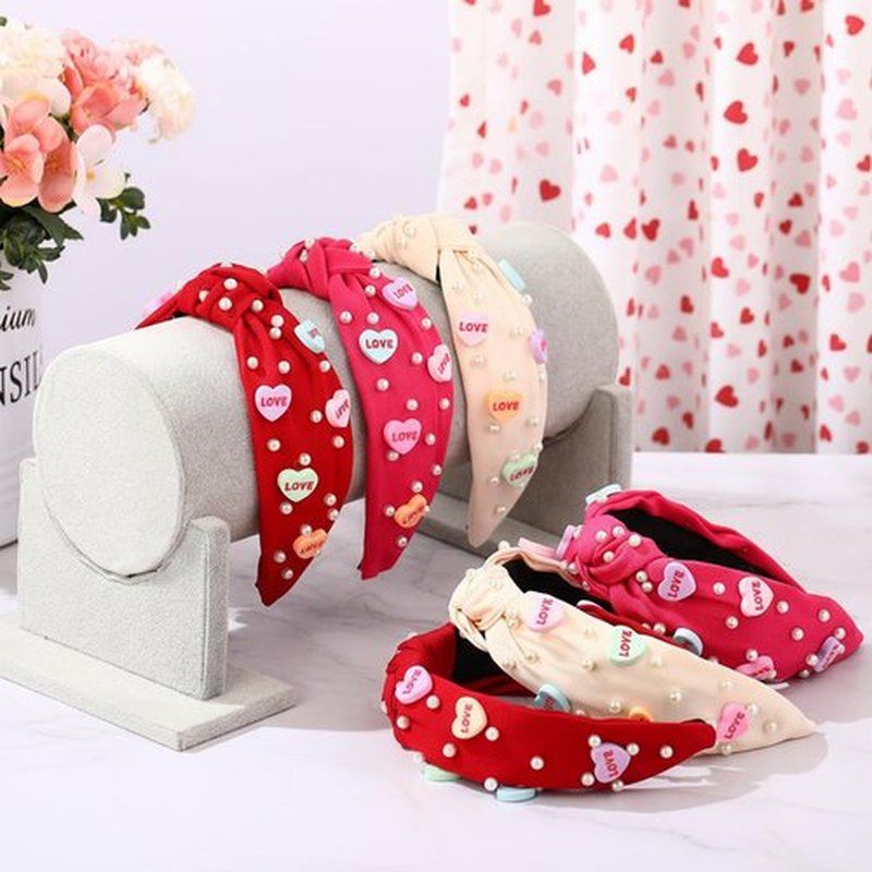 Hoteam 6 Pieces Valentine Headband for Women Beaded Love Heart Headband Pearl Rhinestone Crystal Jeweled Knotted Hairband for Valentine Hair Accessories Gifts(Red, Rose Red, White)
