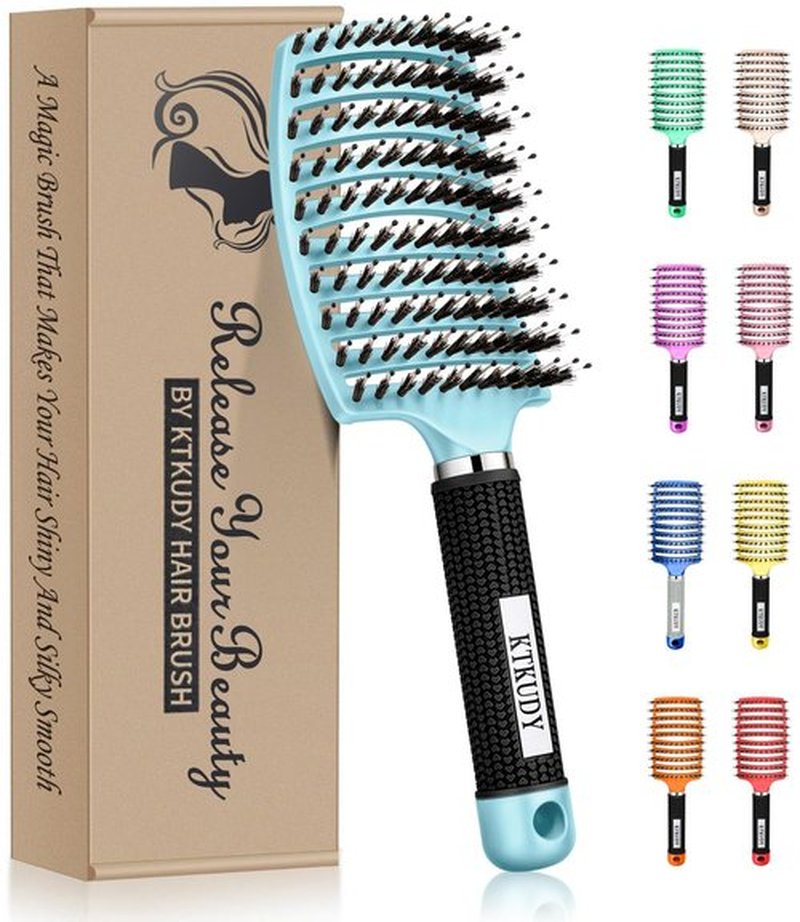 KTKUDY Detangling Brush Boar Bristles Hairbrush Make Hair Shiny & Healthier Curved and Vented Detangler Brush for Women Men Kids Wet and Dry Hair (light Blue)