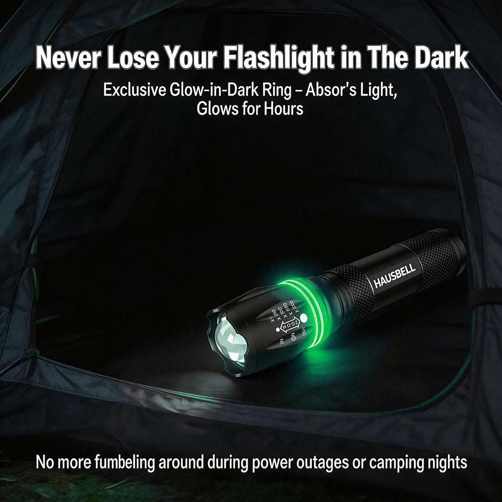 HAUSBELL T8 A100 2000 Lumen Flashlight 2 Pack with Glow-in-Dark Ring, Heavy-Duty Aluminum Tactical Flashlights High Lumens, 5 Modes Zoomable Waterproof LED for Emergency Camping Hiking Home Use