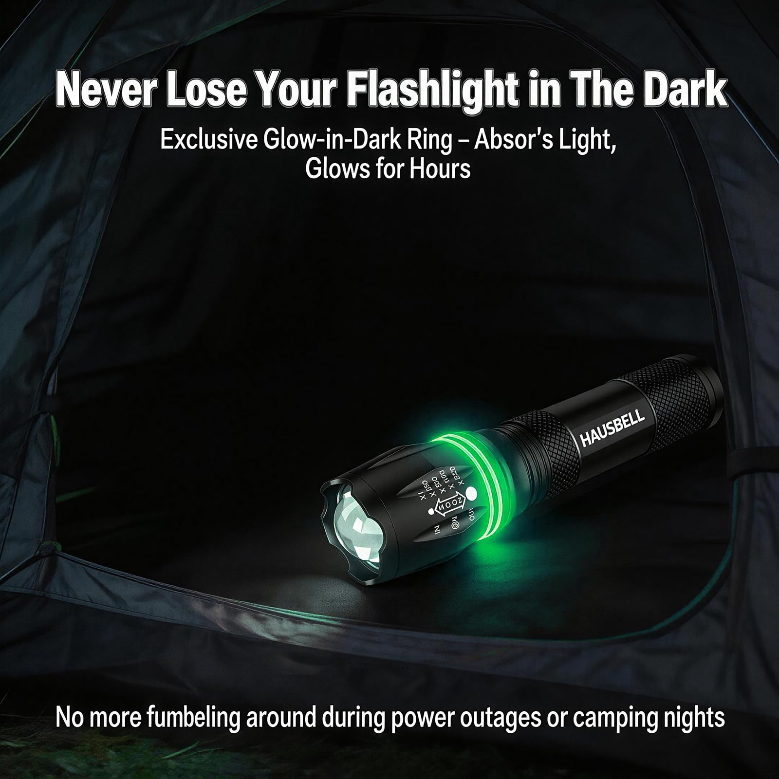 HAUSBELL T8 A100 2000 Lumen Flashlight 2 Pack with Glow-in-Dark Ring, Heavy-Duty Aluminum Tactical Flashlights High Lumens, 5 Modes Zoomable Waterproof LED for Emergency Camping Hiking Home Use