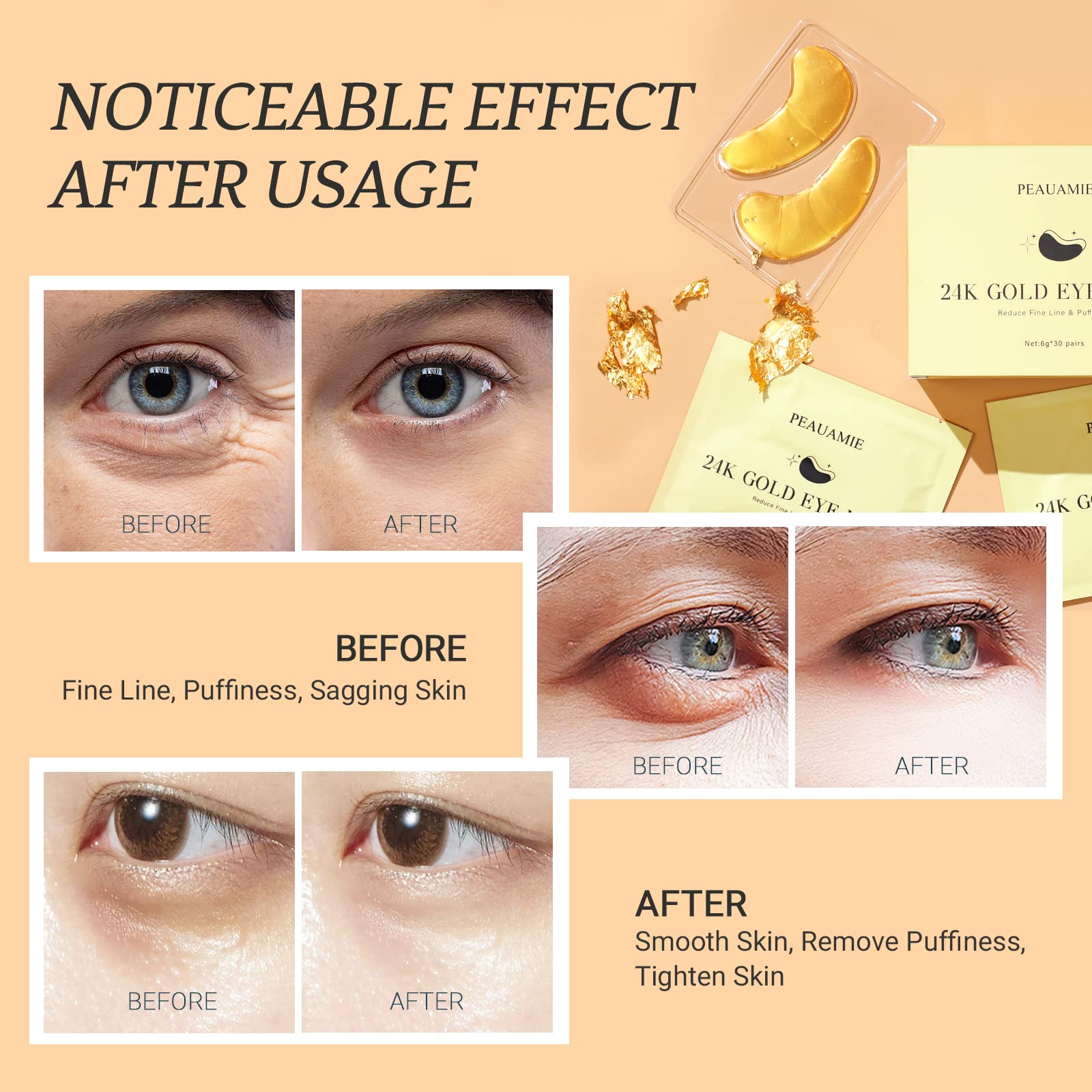 PEAUAMIE Under Eye Patchs 24k Gold Eye Mask and Hyaluronic Acid and Rose for Dark Circles and Puffiness Wrinkle Eye Bags 30 Pairs