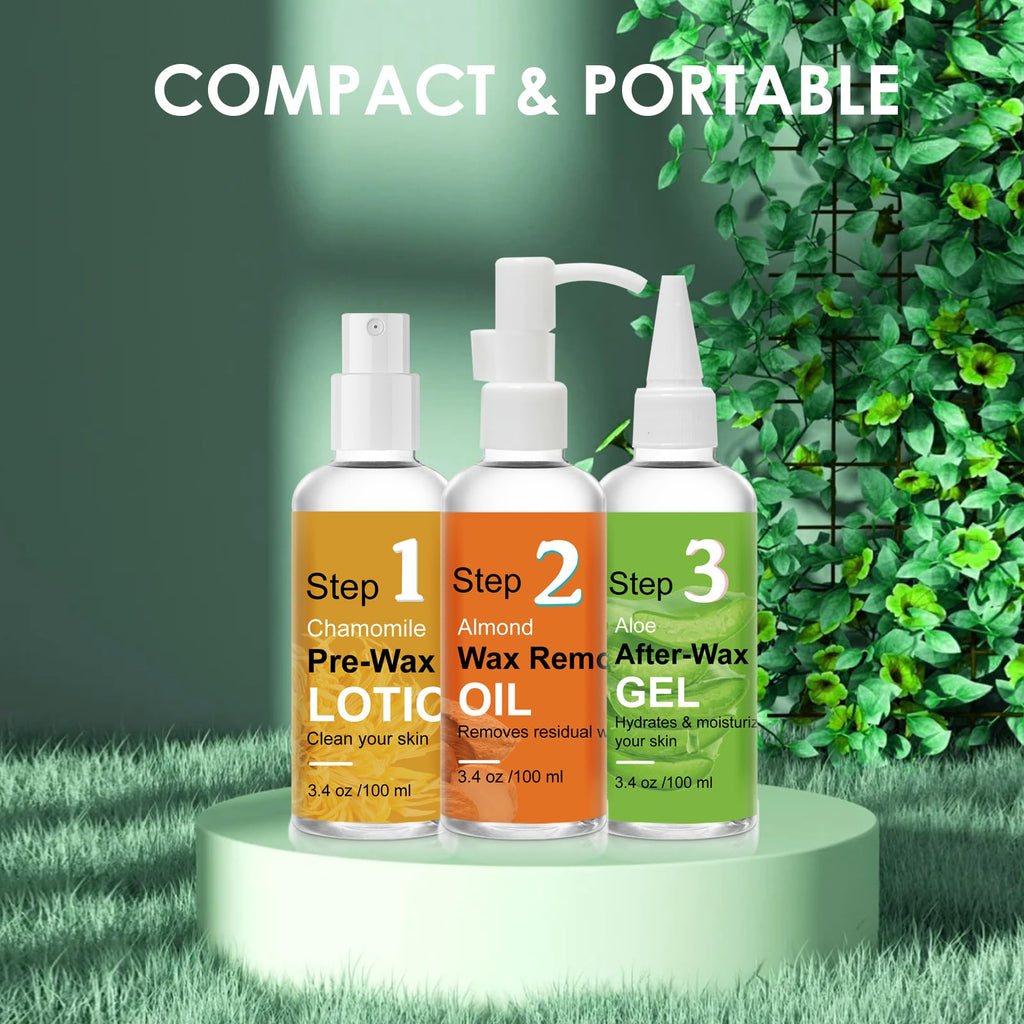 Pre Wax Spray and After Wax Spray, Triple-bottle Skin Care Set with Pre-wax Cleanser, Wax Remover Oil and Skin Soother Organic Aloe Vera Gel for Sensitive Skin - 100ML