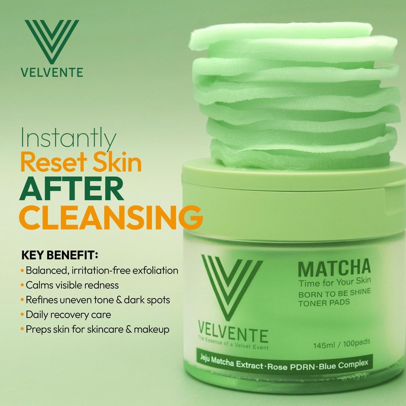 VELVENTE Matcha Toner Pads with Rose PDRN, Peptides & Hyaluronic Acid | Korean Facial Pads for Dark Spot, Acne Prone & Uneven Skin Tone, Soothing Radiant Skin, Makeup Prep Daily Skincare, 100 Pads