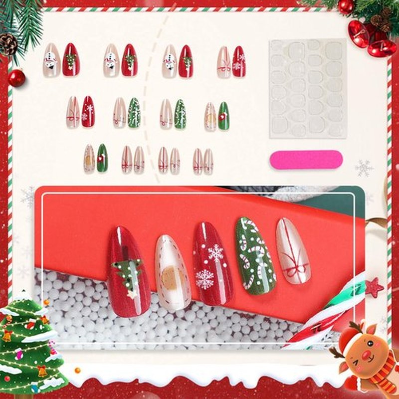 Christmas Press on Nails - Medium Almond Red French Tip Fake Nails with Snowflakes Christmas Tree Design Glitter Glue on Nail Xmas Full Cover Cat Eye False Nails Artificial Acrylic Nails 12 Size 24Pcs