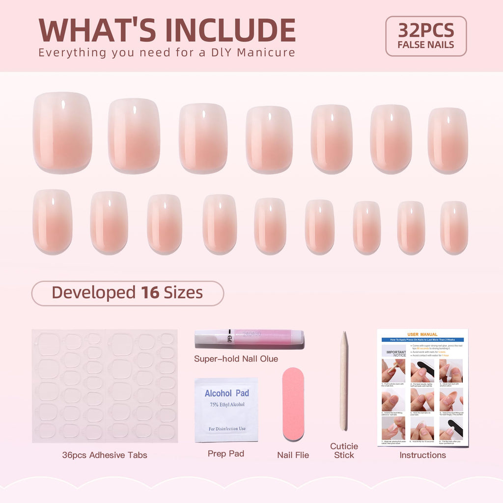 WAFOLOZE Ombre Press On Nails Square - Short Reusable Soft Gel Art Nails Tips Kit, Fake Nails with Glue, 16 Sizes - 32Pcs