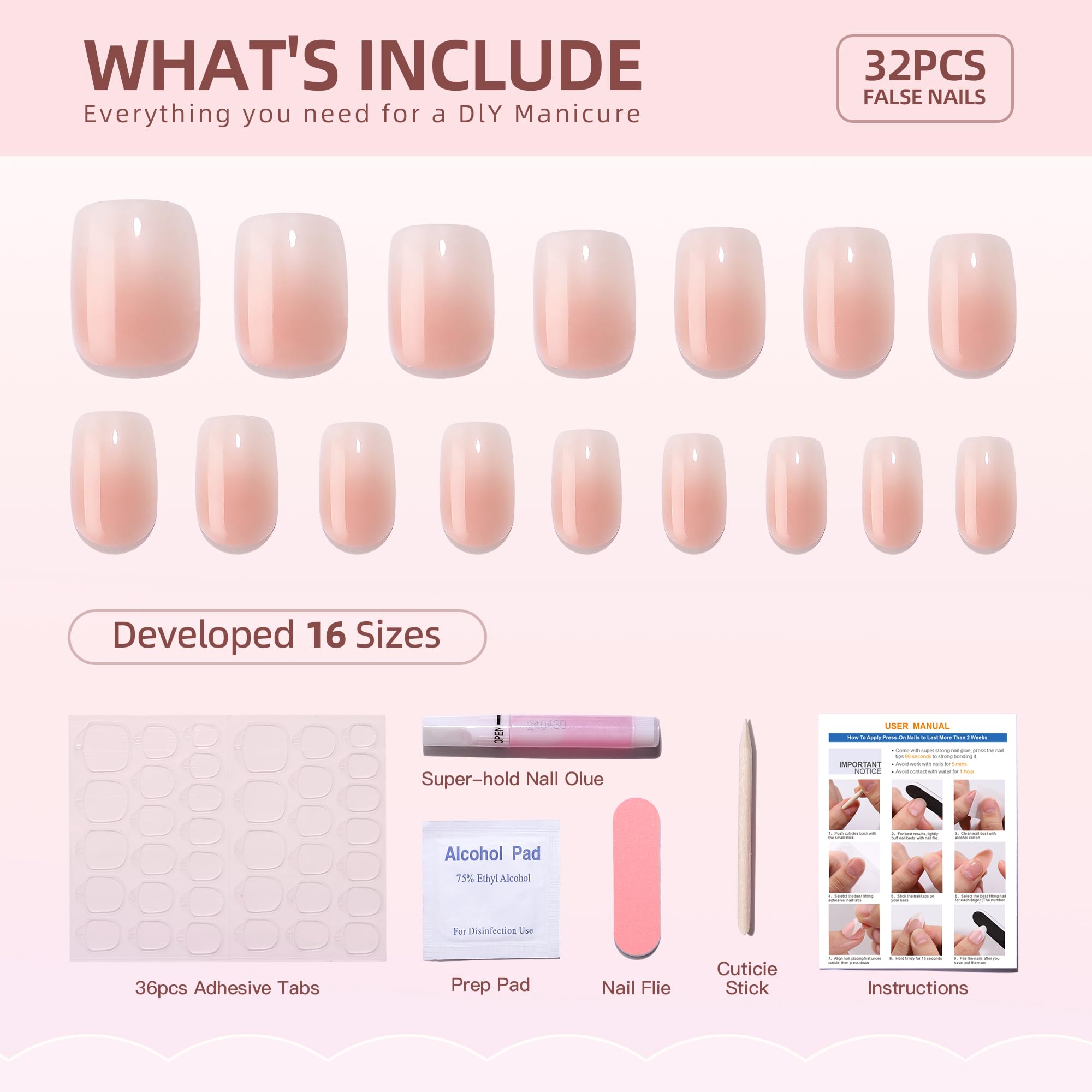 WAFOLOZE Ombre Press On Nails Square - Short Reusable Soft Gel Art Nails Tips Kit, Fake Nails with Glue, 16 Sizes - 32Pcs