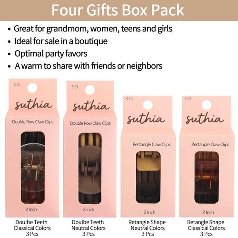 SUTHIA Medium Hair Clips for Women Girls 12 Bulk Pack, 2" Small Claw Clips for Thin, Fine, Short, Medium, Curly & Thick Hair Non Slip, Rectangle & Double Row Teeth, Classic & Neutral Hair Accessories