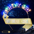 Aceorna Light Up Birthday Girl Headband Gold Rhinestone Crown and Sash Led Birthday Accessories Sets for Women (Gold, One Size)