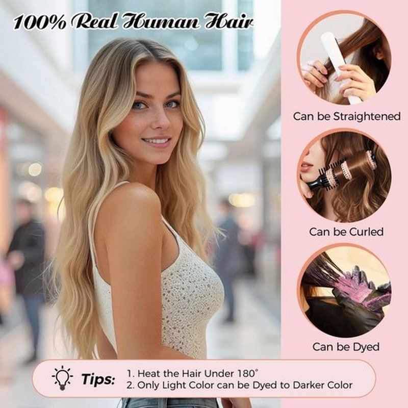 MEI YUAN LIN Human Hair Clip in Extensions 5Pcs Individual Hair Extensions Real Human Hair Clip ins Soft Straight for Women 16 Inch #16/22 Light Blonde Highlighted Golden Blonde