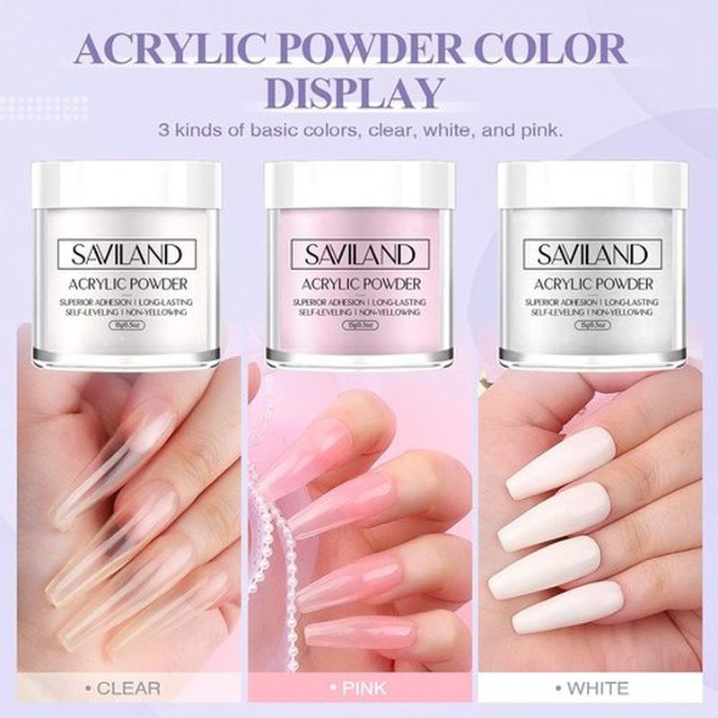 SAVILAND Acrylic Nail Kit for Beginners - Clear, White & Pink Powder, 1.7 fl oz Liquid, 100Pcs Tools