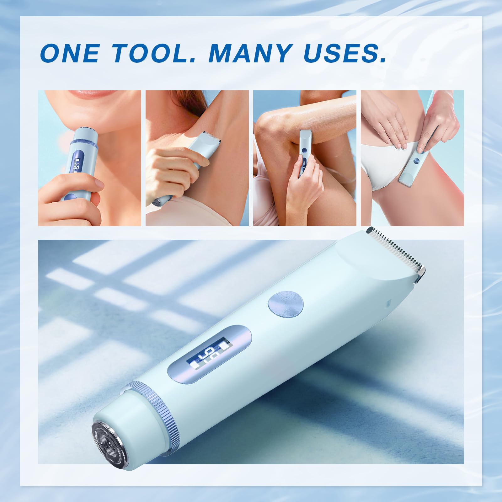 AMURS Bikini Trimmer for Women, Dual-Head Electric Body Hair Trimmer for Sensitive Areas, LED Battery Display, IPX7, USB-C Rechargeable Groomer for Bikini Line, Underarms, Legs & Face (Cloud Blue)