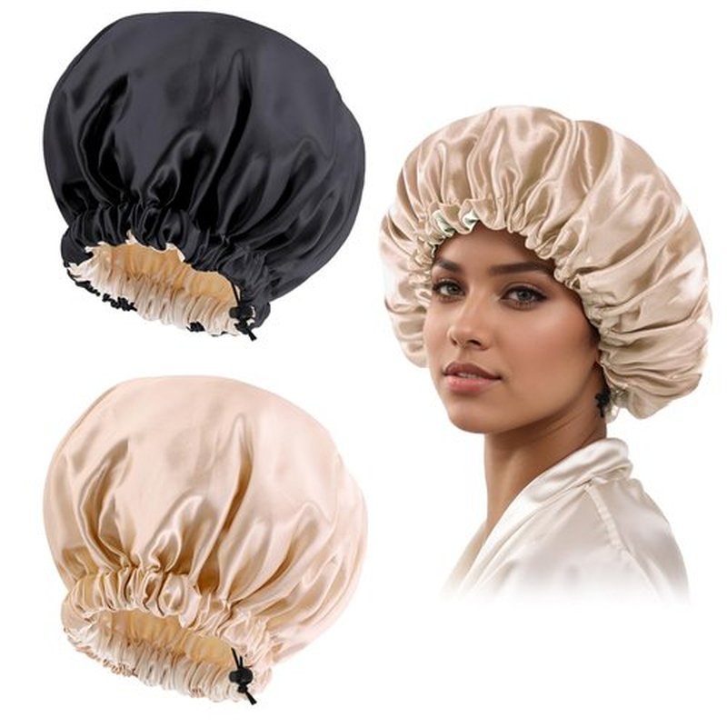 Satin Silk Bonnet for Curly Hair Bonnet Braid Bonnet for Sleeping Bonnets for Women Large Double-Layer Adjustable(Black&Champagne)
