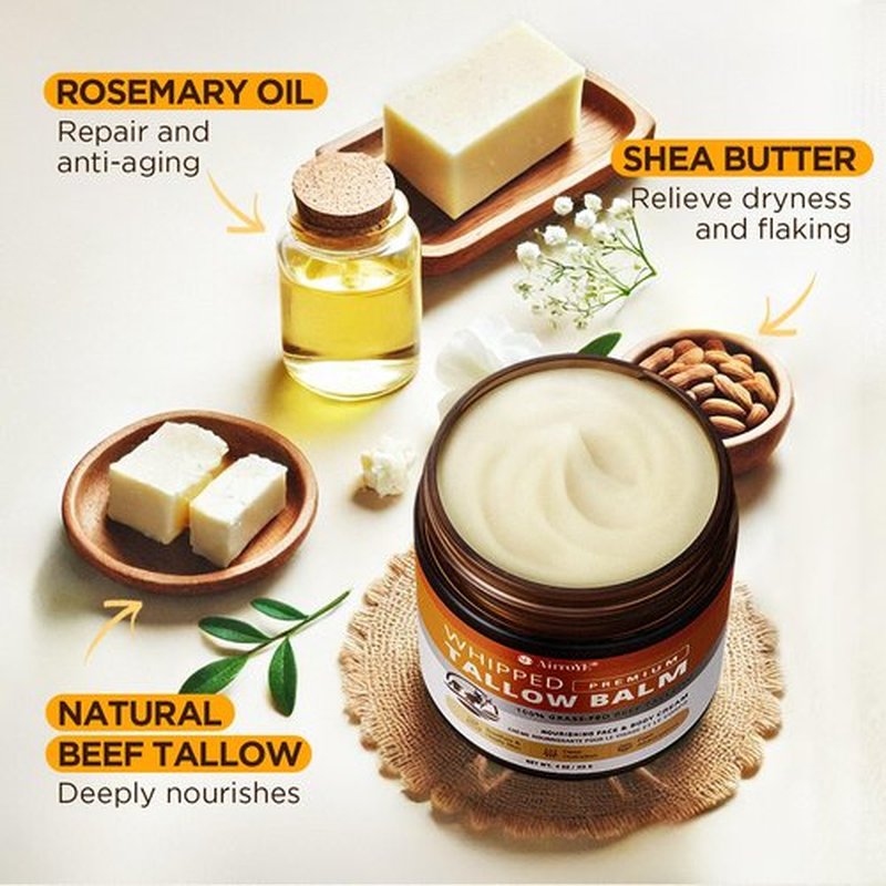 AirroYE Grass-Fed Beef Tallow for Skin: Whipped Beef Tallow Face Body Moisturizer - All Natural Skincare Tallow Balm for Eczema and Dry Skin 4oz (Unscented)