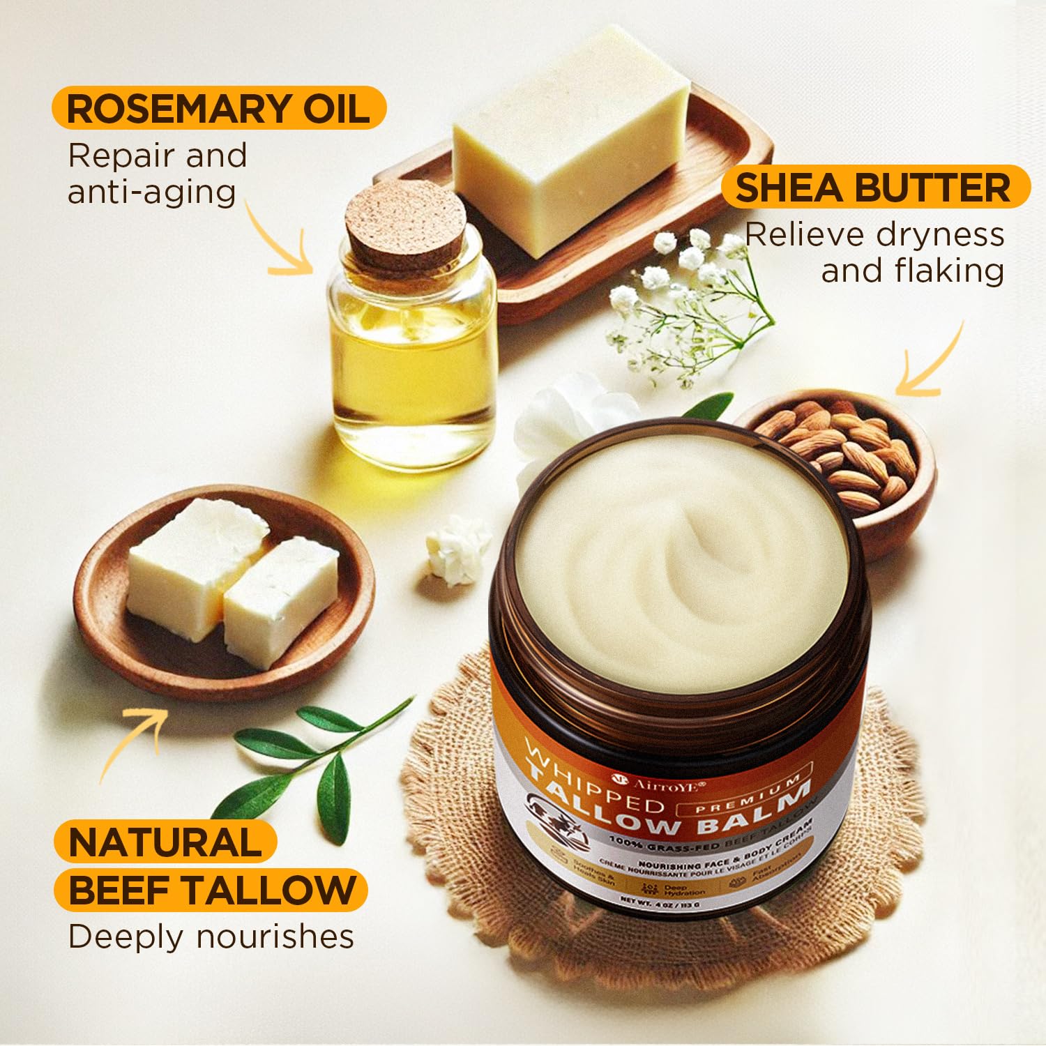 AirroYE Grass-Fed Beef Tallow for Skin: Whipped Beef Tallow Face Body Moisturizer - All Natural Skincare Tallow Balm for Eczema and Dry Skin 4oz (Unscented)