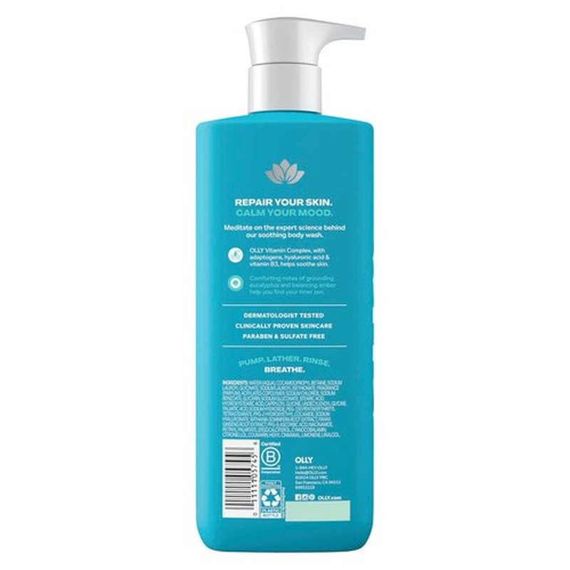 OLLY Calm Body Wash - Nourishing Cleanser with Hyaluronic Acid & Adaptogens | Eucalyptus Amber, 17oz