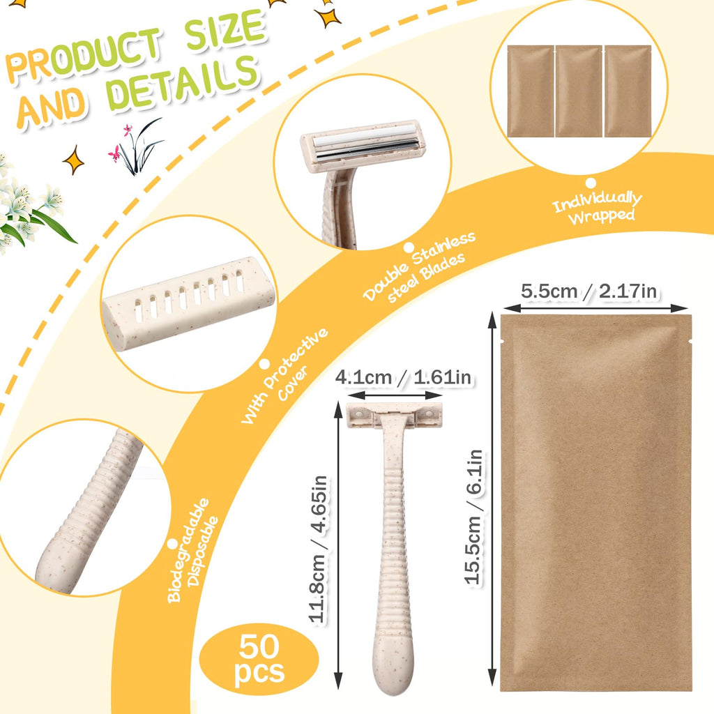 LemonRoad 50 Pcs Individually Wrapped Disposable Razors Bulk for Women Men Biodegradable Portable Twin Blade Shaving Razor Wheat Straw Shavers for Hotel Homeless Shelter Charity Camping Travel