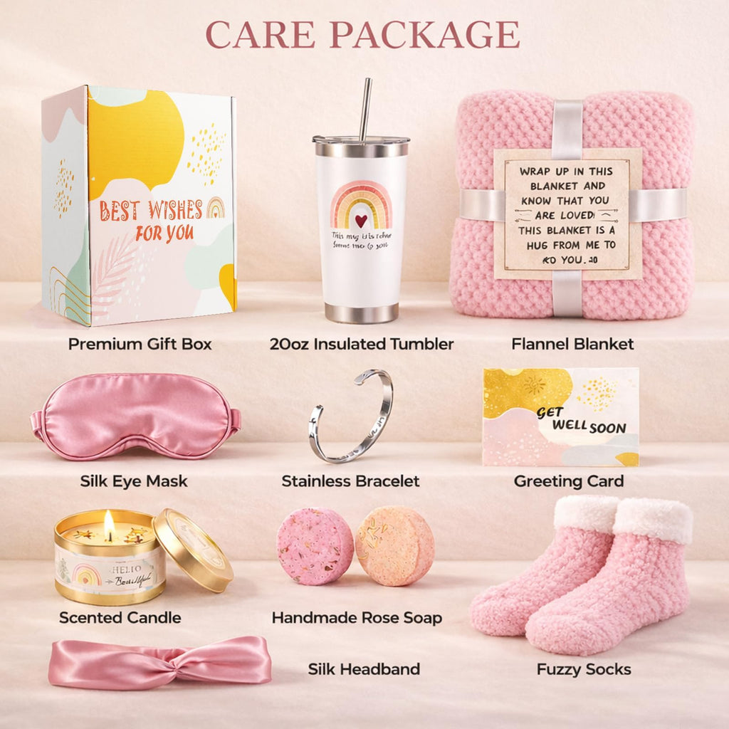 Get Well Soon Care Package for Women, 12 Pcs Deluxe Self-Care Gift Box with Pink Cozy Blanket, Tumbler, Candle & Spa Feel Better Basket – After Surgery, Thinking of You, Encouragement Recovery Gifts