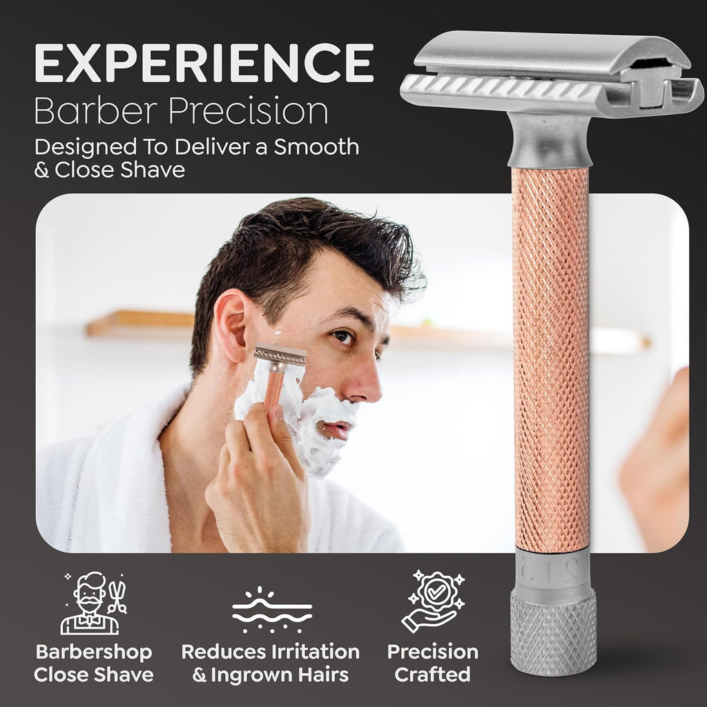 Parker THE VARIANT CLOSED COMB - ADJUSTABLE Double Edge Safety Razor, Customize your Shave with a Turn of the Dial from Mild to Aggressive - 5 Blades Included (ROSE GOLD)