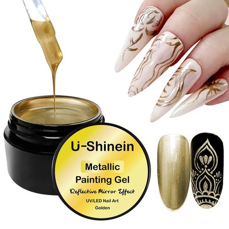 U-Shinein 8ml Metallic Golden 3D Metal Painting Gel Nail Polish, Mirror Finish, UV/LED Soak Off