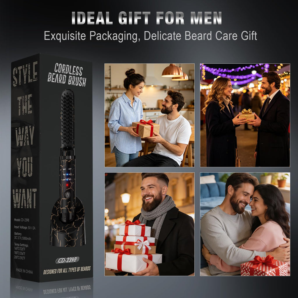 Beard Straightener for Men, Cordless Beard Heated Brush and Hair Straightener Hot Comb with 3 Temp Settings, Anti-Scald, Ionic Technology for Home Travel