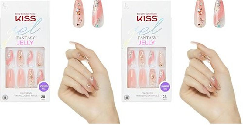 KISS Jelly Fantasy Press On Nails, Nail glue included, 'Jelly Cat', Multicolor, Long Size, Coffin Shape, Includes 28 Nails, 2g glue, 1 Manicure Stick, 1 Mini File (Pack of 2)