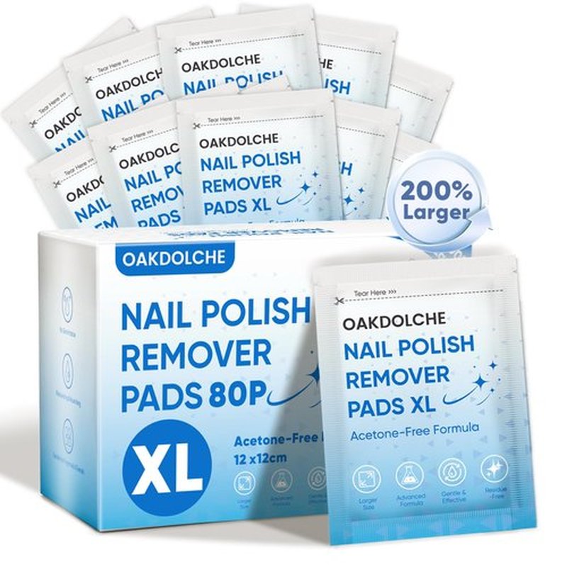 OAKDOLCHE Extra Large Nail Polish Remover Pads(12×12cm), Acetone-free Nail Polish Remover Wipes, Easily & Quickly, Professional Individually Wrapped Wet Wipes for Home & Salon Supplies, 80 PCS
