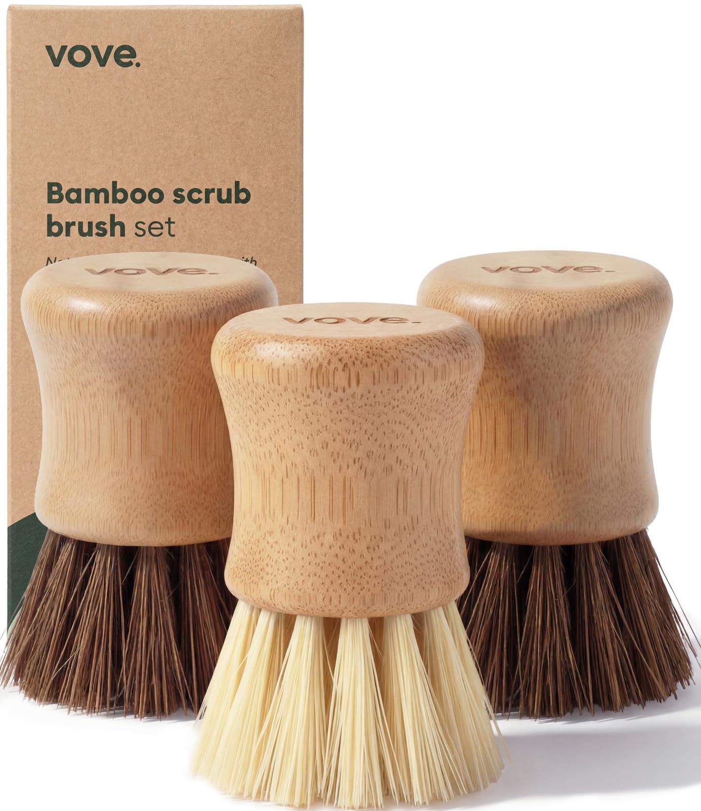 Vove Bamboo Dish Scrub Brush Set, 3-Pack Plastic-Free Kitchen Brushes for Dishes Pots and Cast Iron, FSC-Certified Bamboo with Natural Sisal and Union Fiber Bristles, 2 Hard and 1 Medium Brush