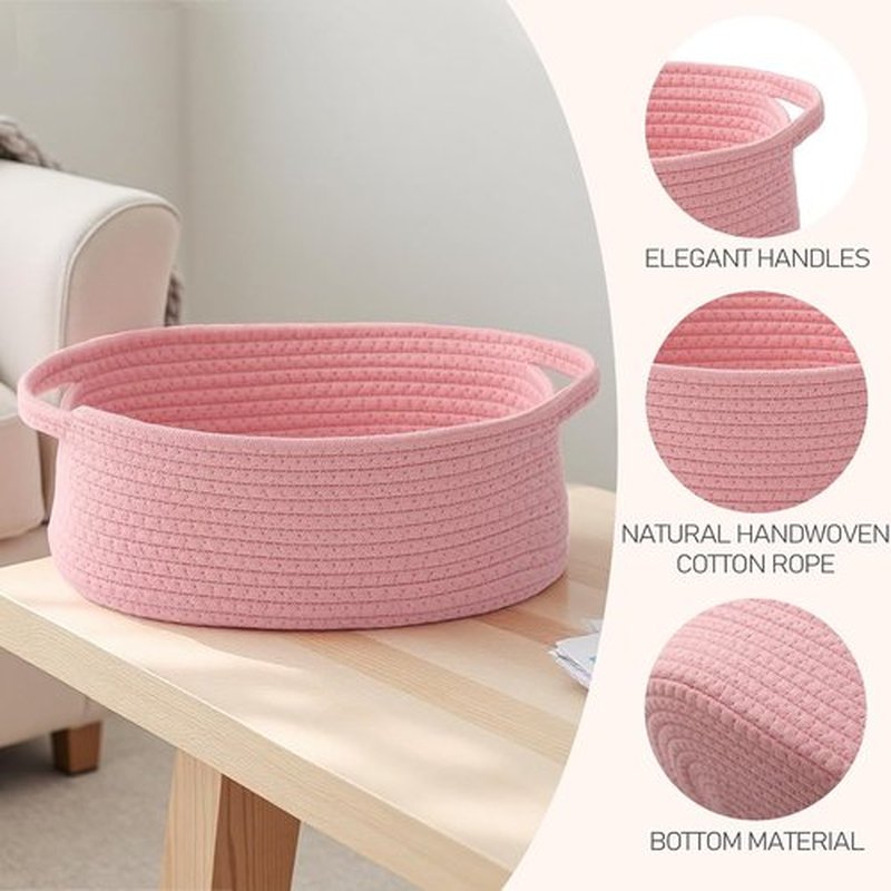 JMvicyroam Woven Basket - Small Rope Storage Bin with Handles for Organizing Shelves & Closets | Pink