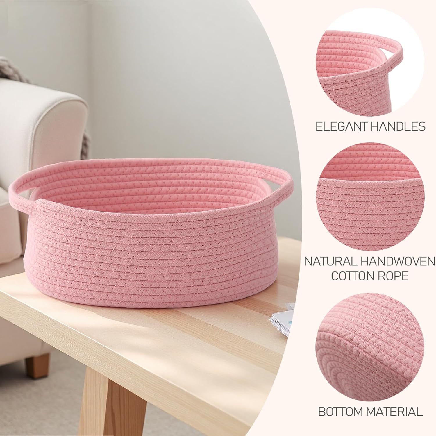 **JMvicyroam Woven Basket - Small Rope Storage Bin with Handles for Organizing Shelves | Pink, 2 Pack**