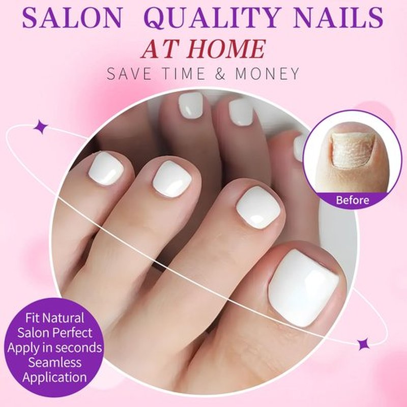 LoveOurHome 240pc White Press on Toenails Women Fake Toe Nails with Glue Tab, White Fake Toenail Press on Toes Nail Glue on Toenails Acrylic Toe Nail Tips Gel Artificial False Stick Toenail Tip