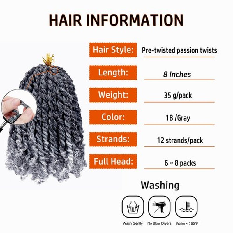 Short Passion Twist Hair 8 Inch Pre-twisted Passion Twist Crochet Hair for Women 8 packs Pre-looped Water Wave Crochet Braids Bohemian Curly Braiding Hair Synthetic Hair Extensions 1B/Gray