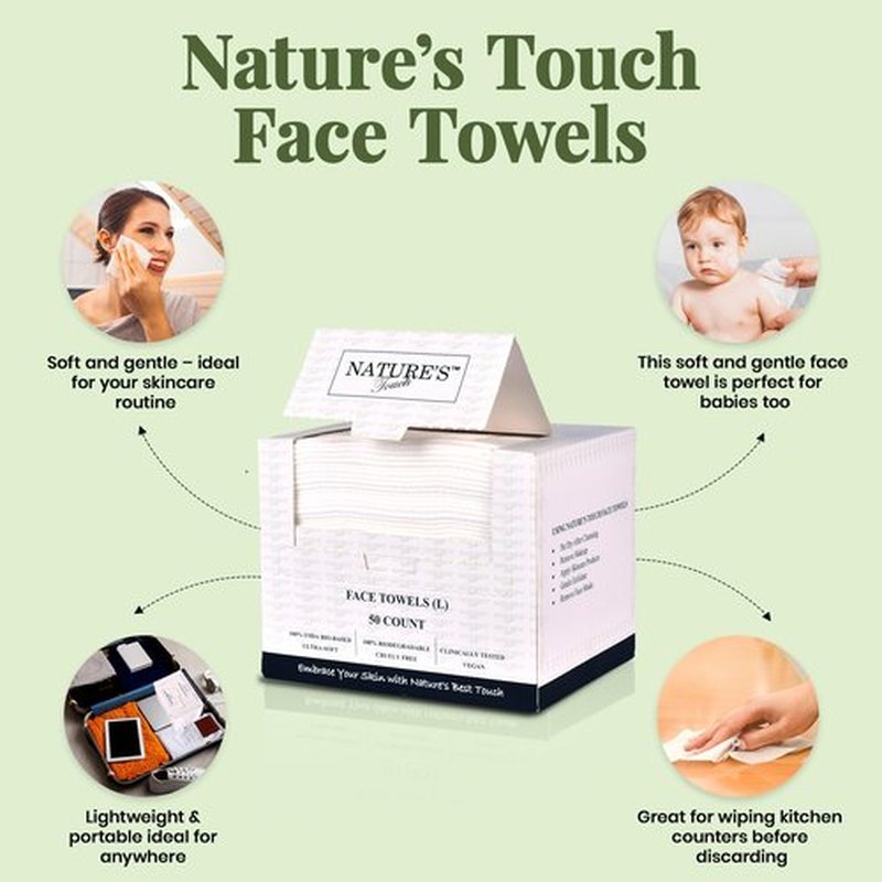 Nature’s Touch Face Towels, Biodegradable Viscose, 100% USDA Biobased, Disposable Face Towelette, Ultra Soft, Vegan, OEKO-TEX Certified, Travel, Skincare, Beauty Routine Use, 10"x12", Pack of 1, 50 Ct