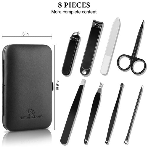 Manicure Set 8pcs Professional Nail Clippers Kit Pedicure Care Tools-Stainless Steel Grooming Tools for Travel (Black)