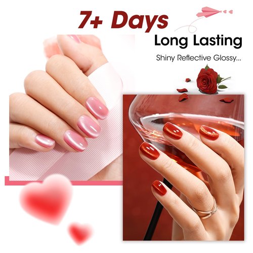 GELLEN Quick Dry Cat Eye Nail Polish Kit, Valentine's Gift for Yourself, Red Magnetic Fingernail Polish Series, Fast Drying Glitter Nail Lacquer Non Gel with Magnet Tool, DIY Salon Home