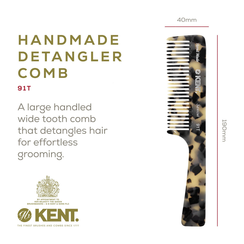 Kent 91T TW Detangler Comb for Women, Wide Tooth Hair Comb for Curly and Wavy Hair - for use in Dry or Wet Hair, Large Handle Shower Comb for Effective Detangling, Handmade Sawcut and Polished