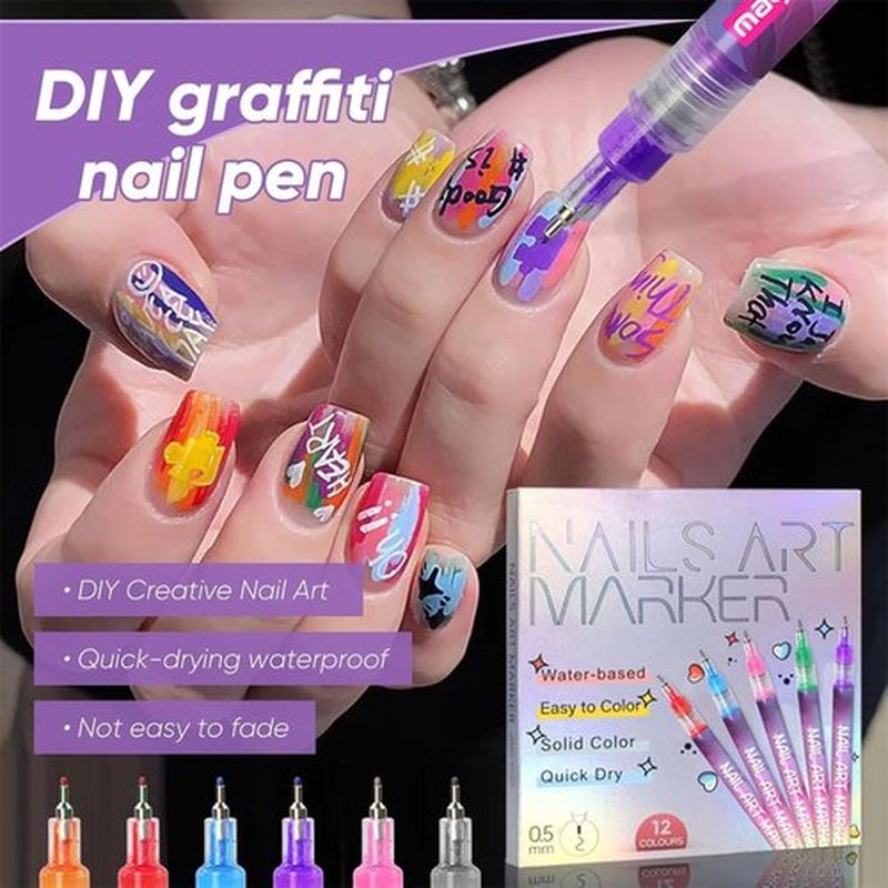 12-Color 3D Nail Art Pens Set, 0.5mm Fine Tip Acrylic Nail Polish Pens for Kids & Adults-Nail Art Markers for Dotting Liner Drawing-Professional DIY Manicure Tools for Home & Salon-1PCS SET