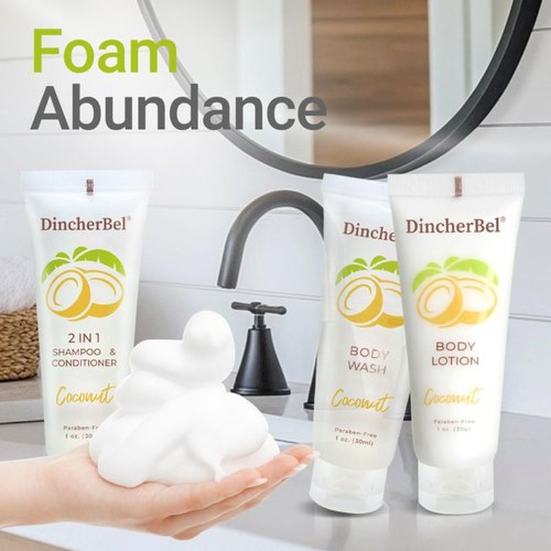 Travel Size Toiletries Kits, Bulk Mini Hotel Guest Amenities (Tropical Coconut, 1oz each), 3-Piece Sets Refreshing Coconut Scent - 50 Shampoo & Conditioner 2 in 1, 50 Body Wash and 50 Body Lotion