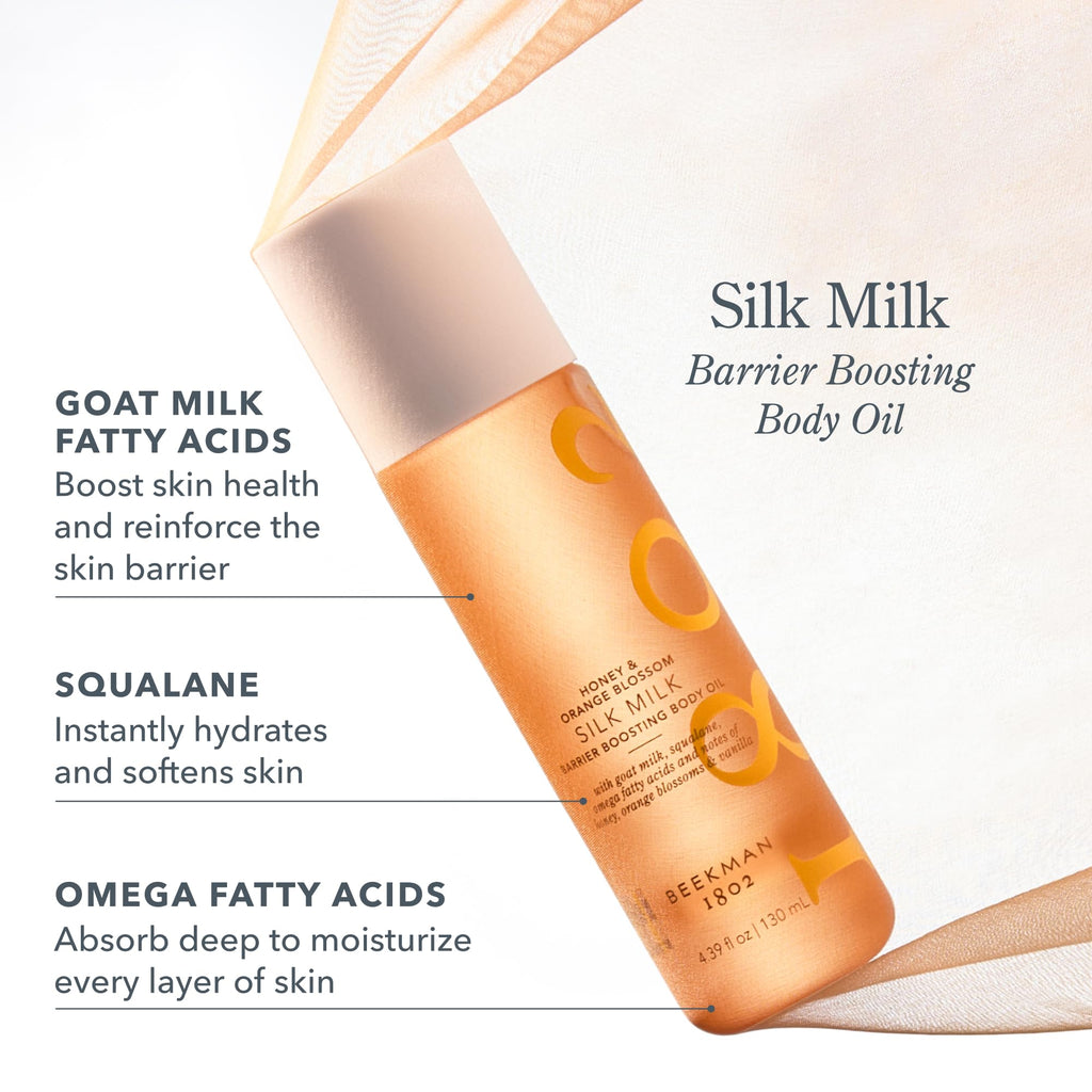 Beekman 1802 Silk Milk Hydrating Body Oil for Dry Skin – Goat Milk & Squalane Moisturizing Body Oil, Non Greasy Glow Body Oil – Honey & Orange Blossom, 4.39 fl oz