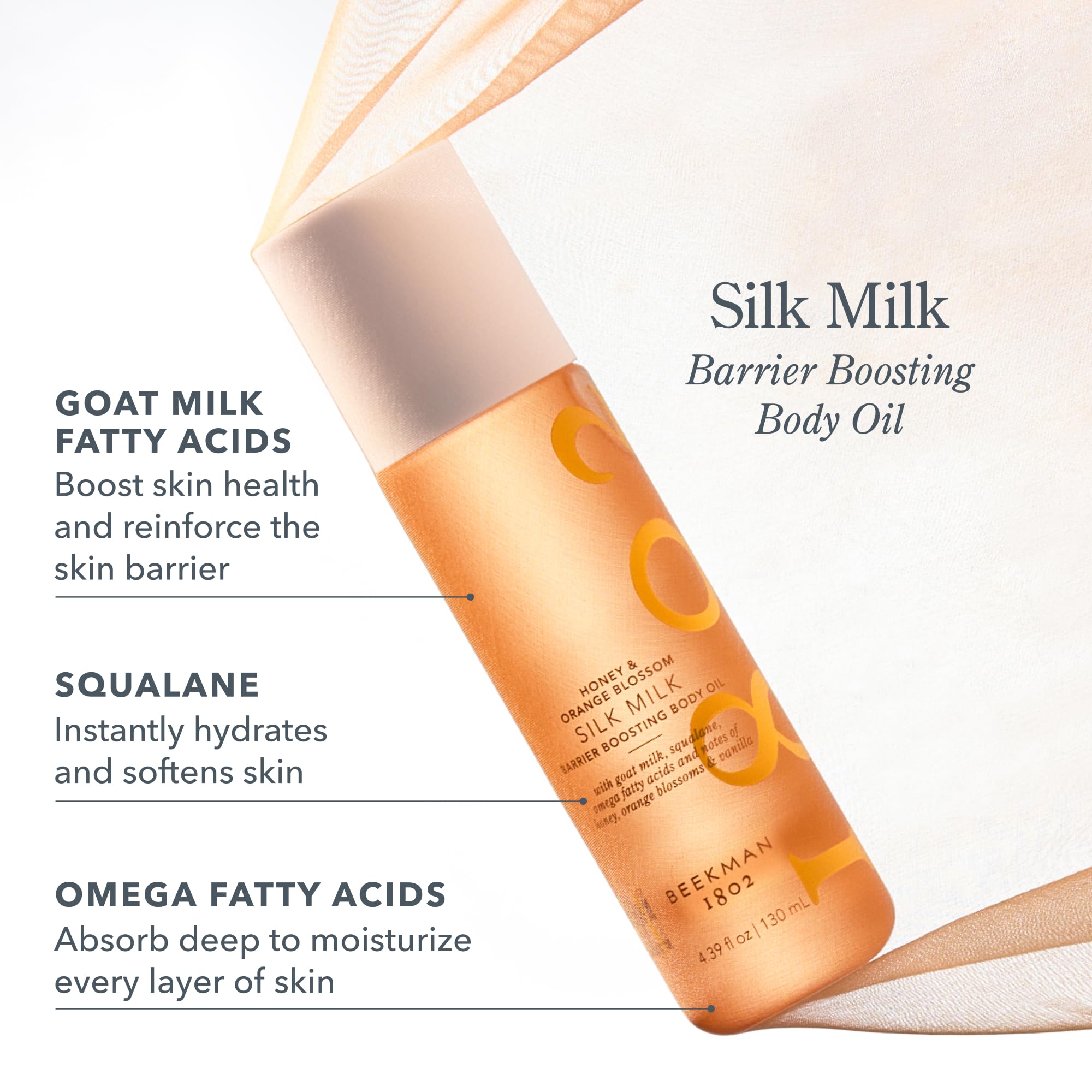 Beekman 1802 Silk Milk Hydrating Body Oil for Dry Skin – Goat Milk & Squalane Moisturizing Body Oil, Non Greasy Glow Body Oil – Honey & Orange Blossom, 4.39 fl oz