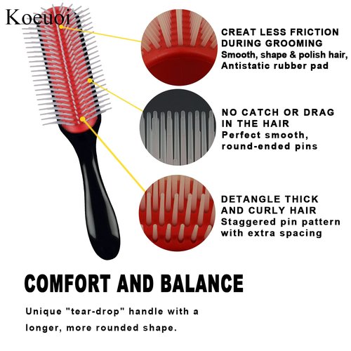 Classic Styling Curly Hair Brush - 9 Row Black Detangling Brush for Wet or Dry Hair | Perfect for Men & Women