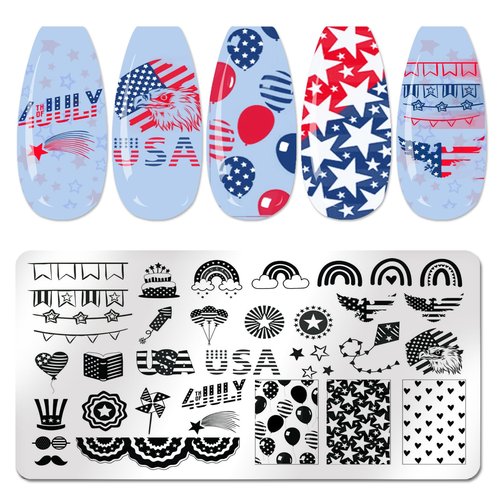 JERCLITY 6pcs 4th of July Nail Stamping Plates Independence Day Nail Stamping Kit Patriotic American Flag Star Statue of Liberty Image Plates Nail Art Design Template Print Nail Stamper Kit for Women